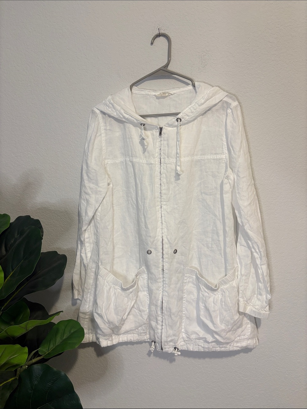 Eileen Fisher White Hooded Utility Jacket with Drawstring 100% Irish linen